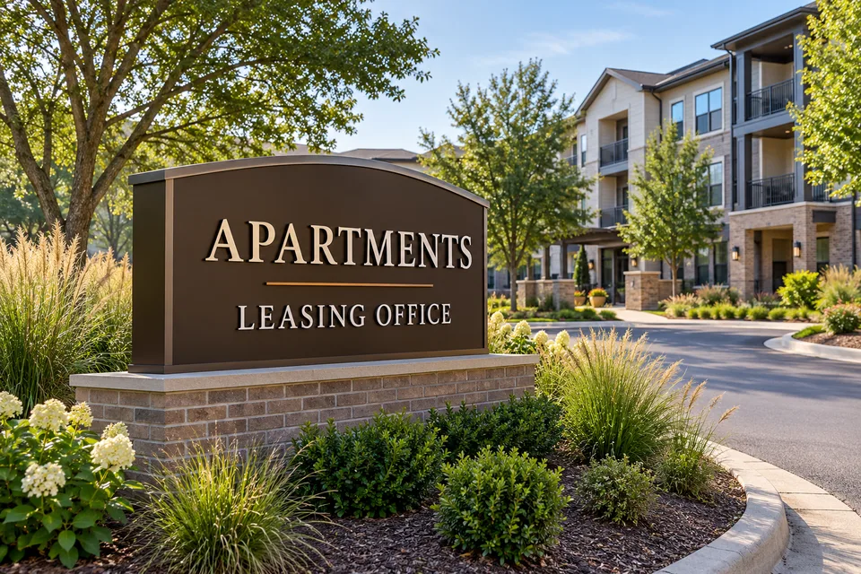 Mount Holly Apartment Signs — Raised apartment and leasing office lettering on a bronze sign beside residential buildings and an entrance drive