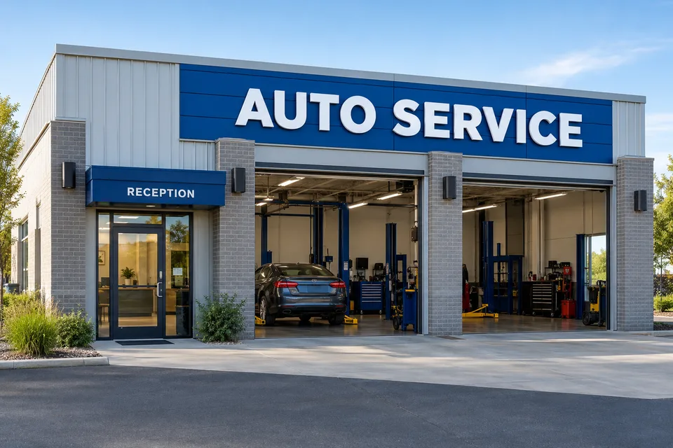 Gastonia Automotive Signs — White dimensional AUTO SERVICE letters on a blue repair-shop facade above service bays and a separately marked reception entrance