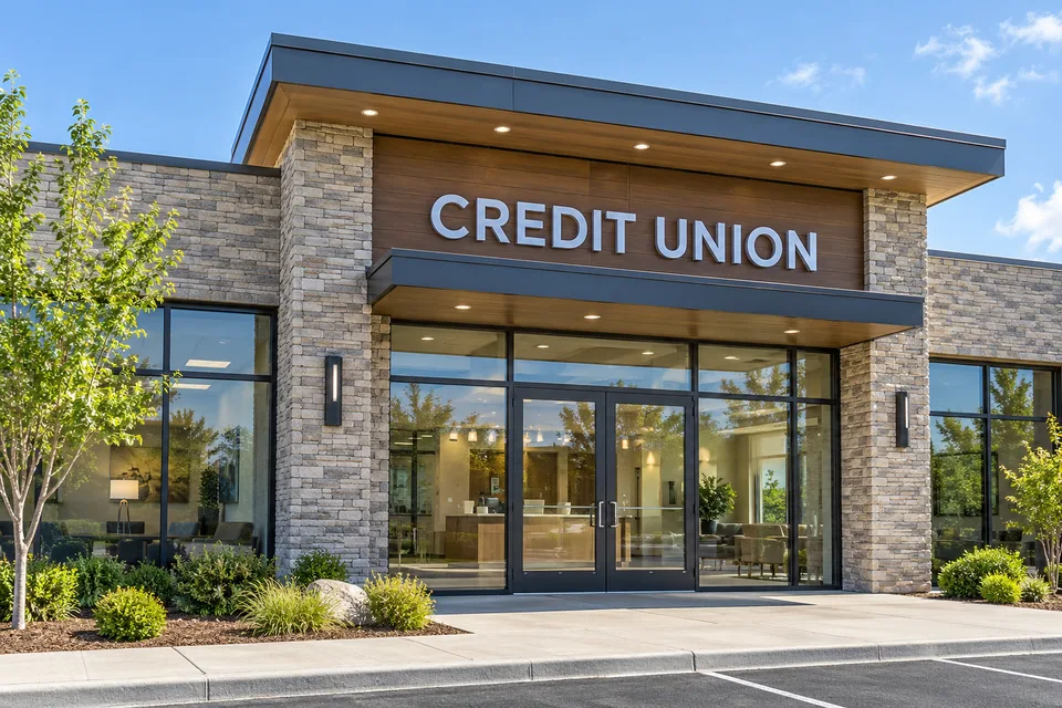 Gastonia Bank & Credit Union Signs — Dimensional CREDIT UNION lettering above the glass entrance of a stone-clad bank branch