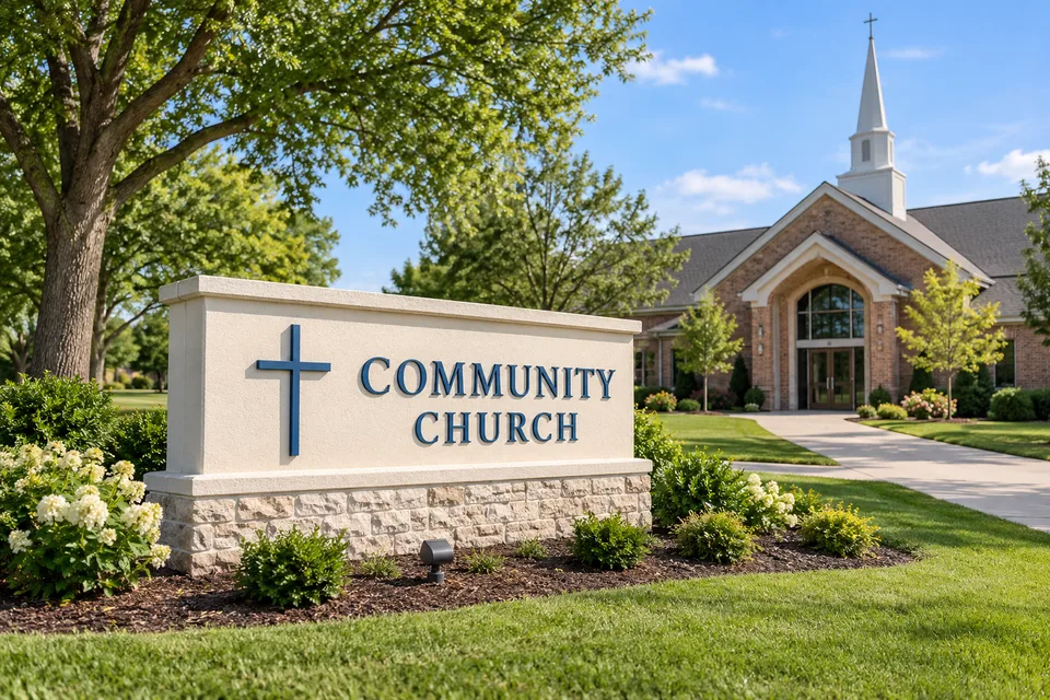 Gastonia Church Signs — Blue dimensional community church lettering and a cross on a cream masonry sign in front of a brick church