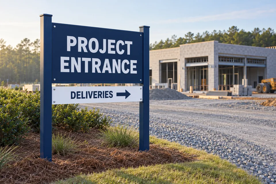 Mount Holly Construction Signs — post-and-panel project entrance and delivery direction signs