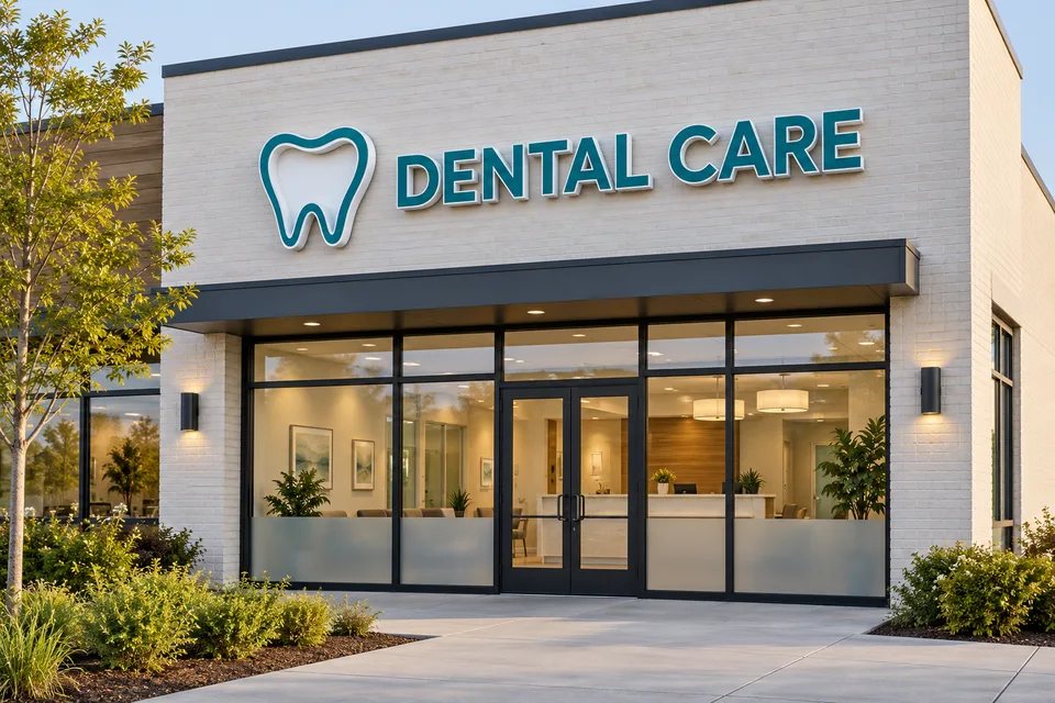 Gastonia Dental Signs — Teal dental care channel letters and a tooth symbol above a glass storefront with frosted privacy bands
