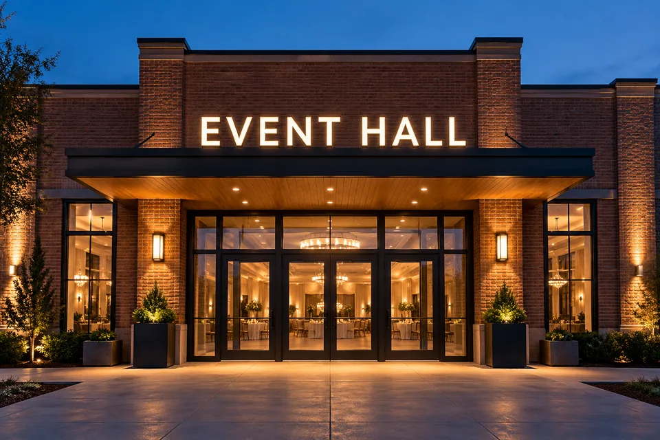 Gastonia Event Venue Signs — Illuminated event hall channel letters above a brick venue entrance at dusk