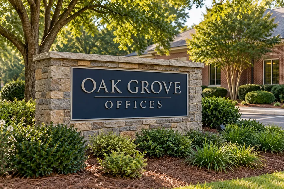Gastonia Monument Signs — stone monument with dimensional lettering at a landscaped entrance