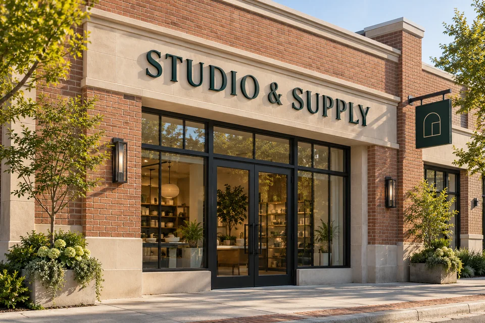 Gastonia Business Signs — green dimensional STUDIO & SUPPLY lettering and a matching blade sign above a brick shop entrance