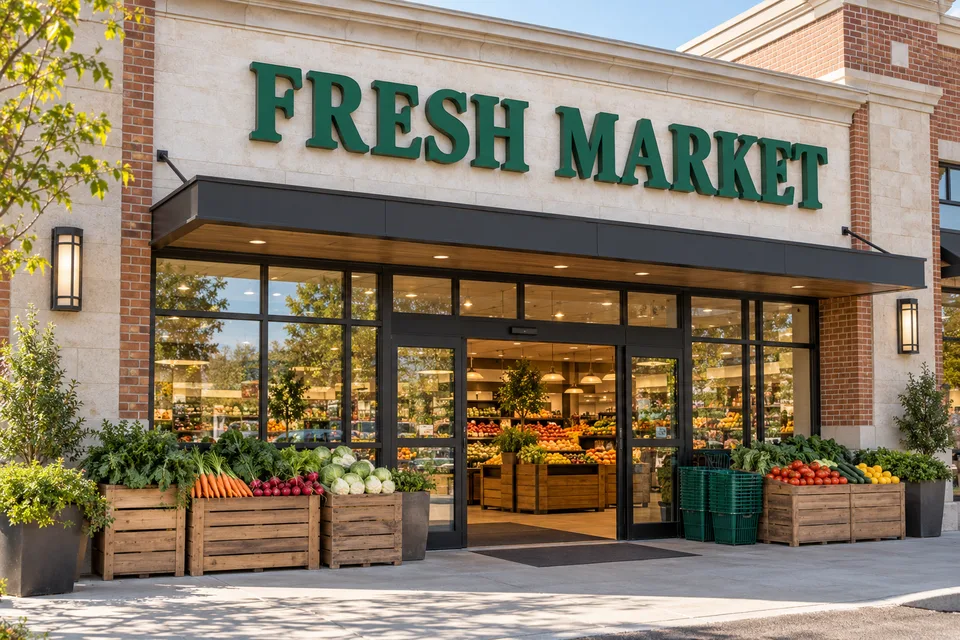 Gastonia Grocery Store Signs — Green FRESH MARKET dimensional letters above a grocery entrance with visible produce displays and shopping baskets