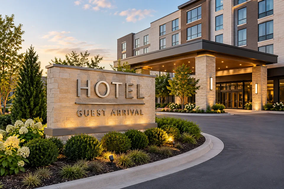 Mount Holly Hotel Signs — Brushed-metal hotel arrival lettering on a stone monument beside a covered guest entrance