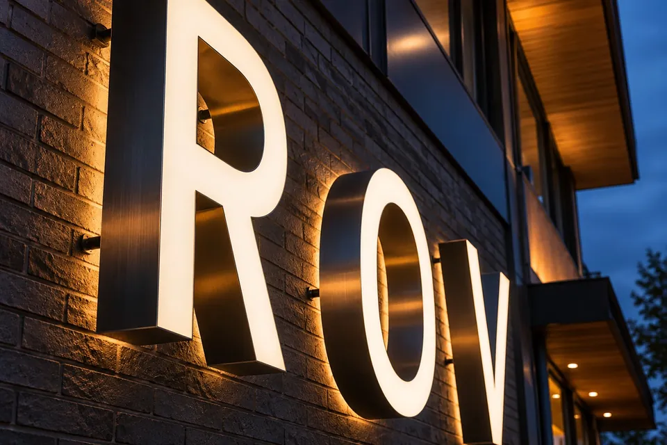 Illuminated white channel letters viewed from the side on a brick storefront at dusk