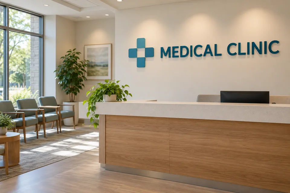 Gastonia Medical Signs — Teal dimensional medical clinic letters and a geometric cross on a reception wall above a wood-front desk