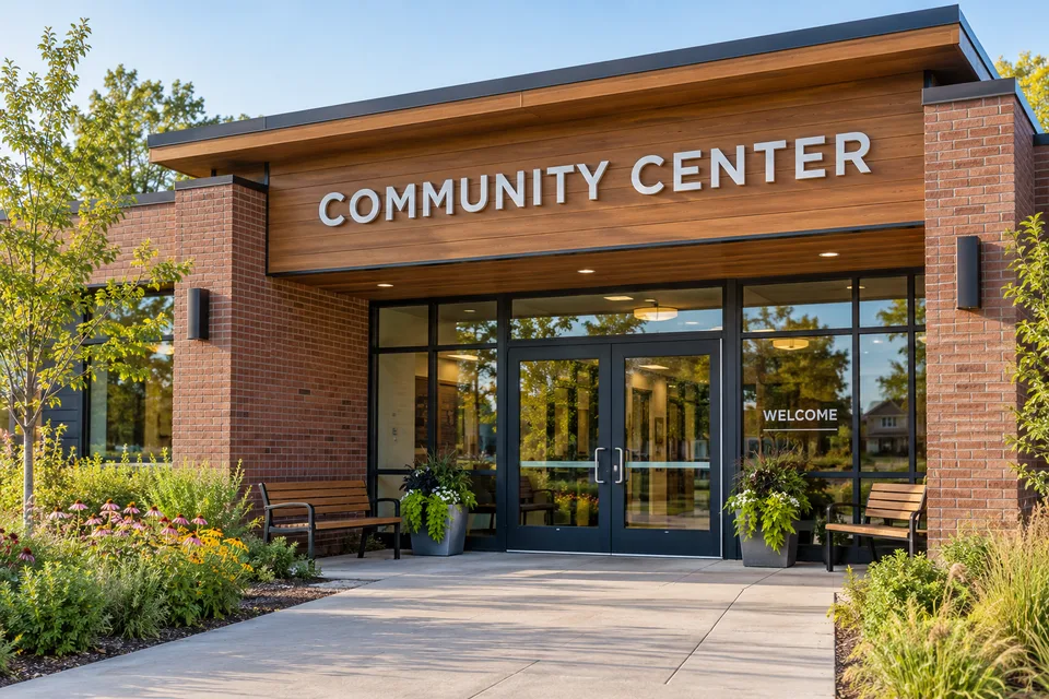 Gastonia Nonprofit Signs — COMMUNITY CENTER dimensional letters above a welcoming brick entrance with WELCOME window lettering and benches