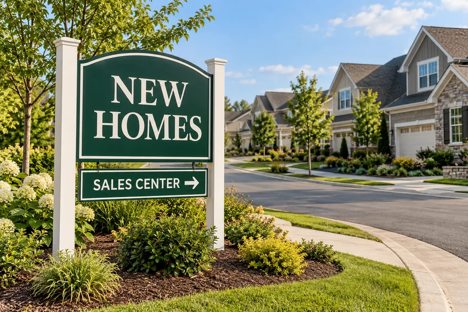 Gastonia Real Estate Development Signs — Green NEW HOMES post-and-panel sign with a SALES CENTER direction panel beside a landscaped residential development entrance