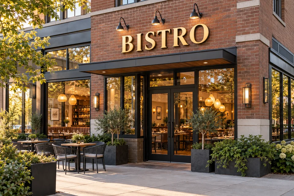 Stanley Restaurant Signs — Dimensional BISTRO lettering above a brick restaurant entrance with indoor dining tables and outdoor cafe seating