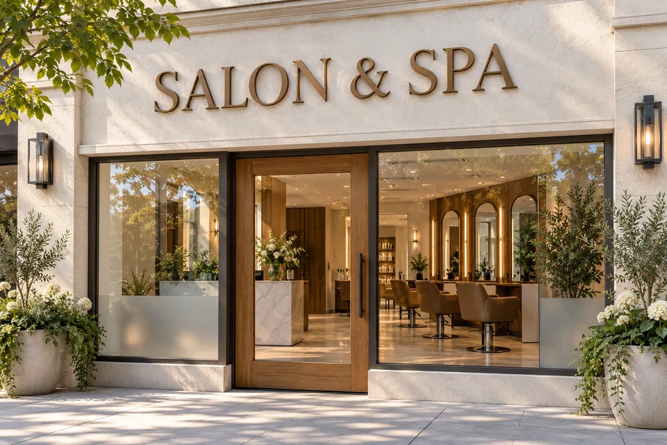 Gastonia Salon & Spa Signs — Bronze SALON & SPA lettering above a glass salon entrance with styling chairs, mirrors and frosted window panels