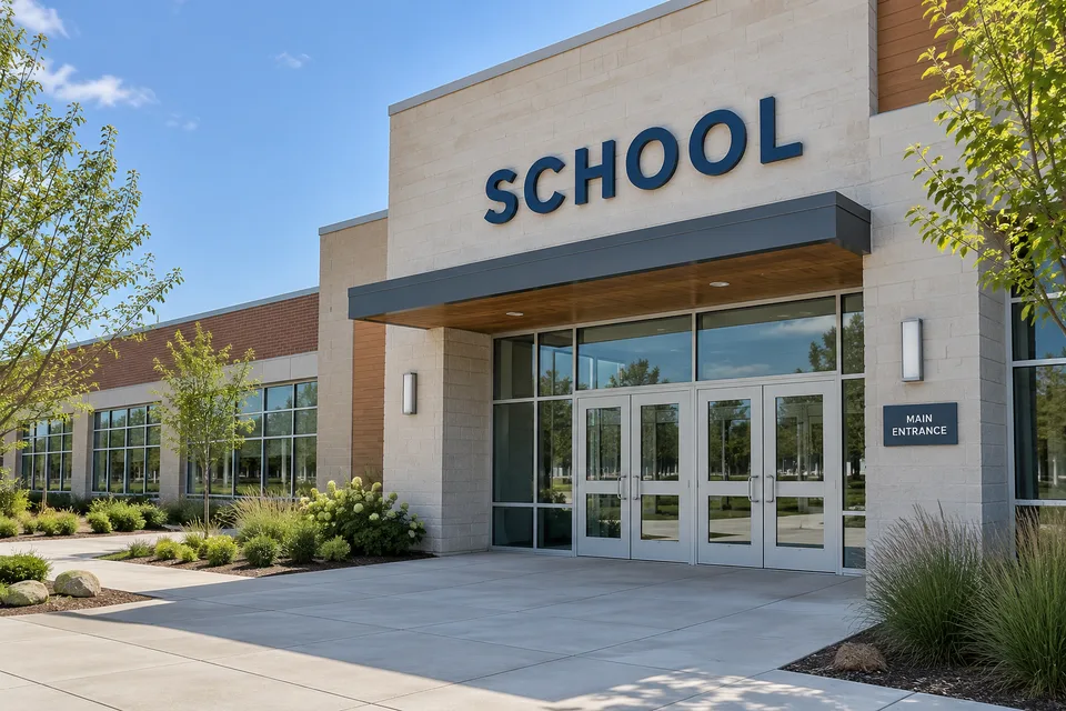 Lowell School Signs — Dark blue dimensional school lettering above glass doors with a separate main entrance plaque